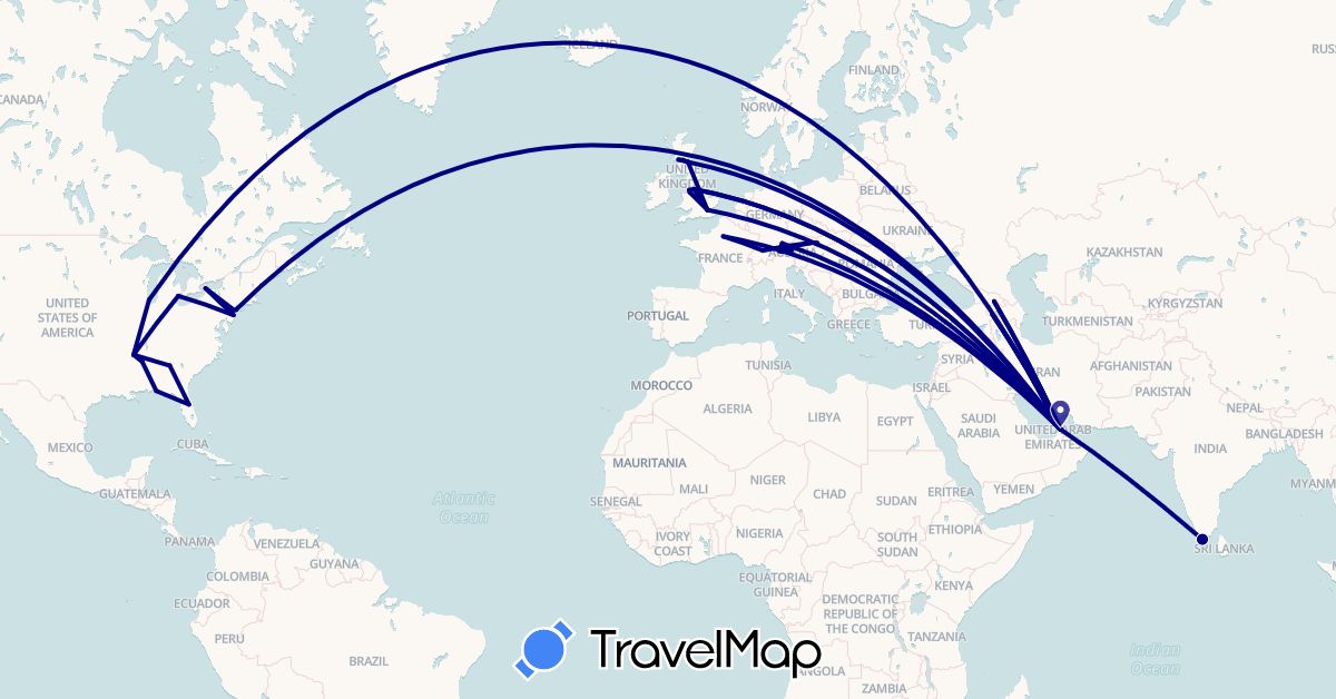 TravelMap itinerary: driving in United Arab Emirates, Armenia, Austria, Switzerland, Germany, France, United Kingdom, Georgia, India, Iran, Slovakia, United States (Asia, Europe, North America)